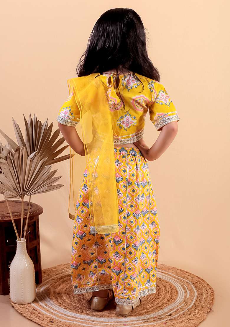 Yellow Printed Cotton Lehenga Set For Girl - Indya