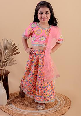 Pink Printed Cotton Lehenga Set For Girl