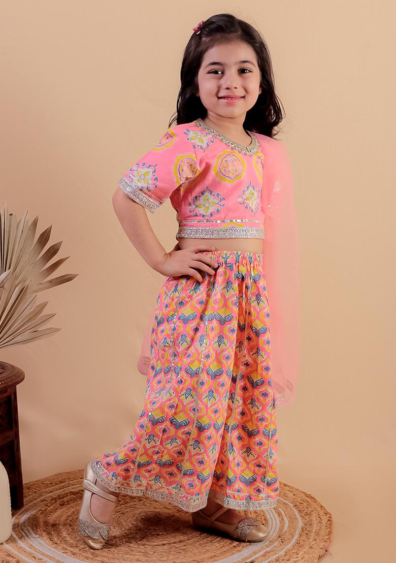 Pink Printed Cotton Lehenga Set For Girl