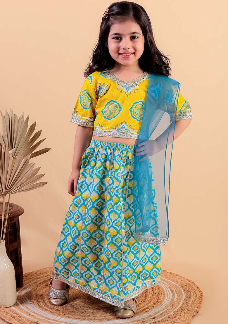 Blue Printed Cotton Lehenga Set For Girl - Indya