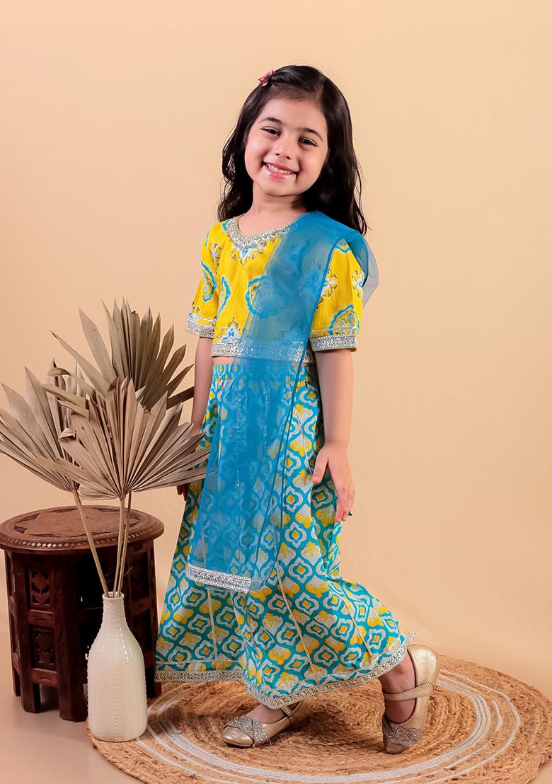Blue Printed Cotton Lehenga Set For Girl
