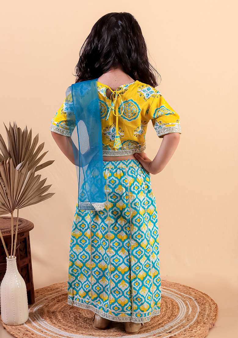 Blue Printed Cotton Lehenga Set For Girl - Indya