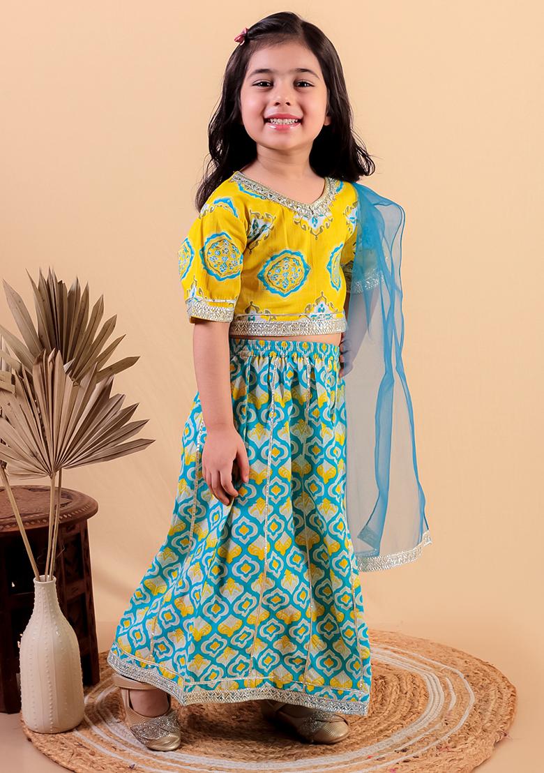 Blue Printed Cotton Lehenga Set For Girl