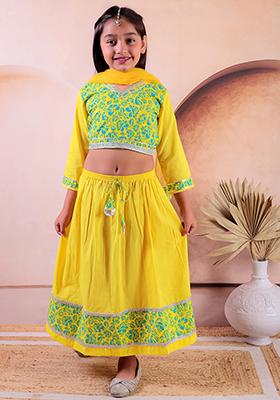 Yellow Printed Cotton Lehenga Set For Girl