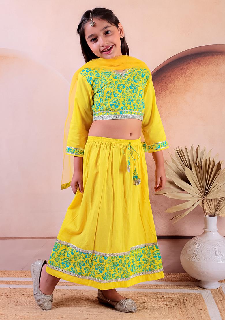 Yellow Printed Cotton Lehenga Set For Girl
