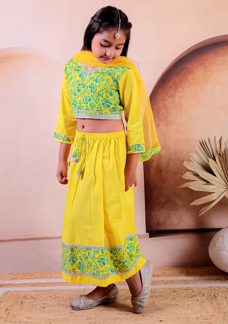 Yellow Printed Cotton Lehenga Set For Girl