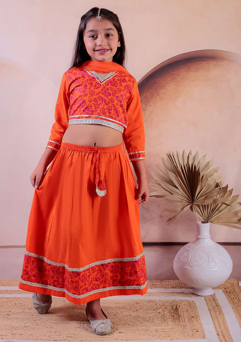 Orange Printed Cotton Lehenga Set For Girl - Indya