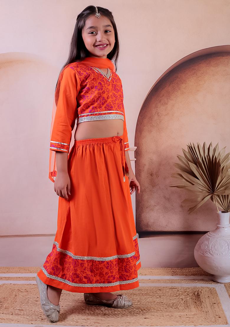 Orange Printed Cotton Lehenga Set For Girl