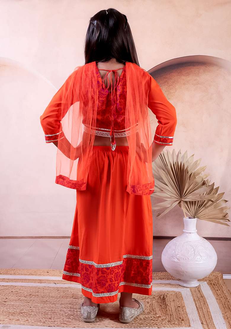 Orange Printed Cotton Lehenga Set For Girl - Indya
