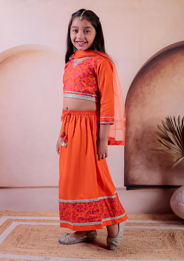 Orange Printed Cotton Lehenga Set For Girl