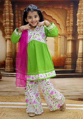 Green Printed Cotton Lehenga Set For Girl
