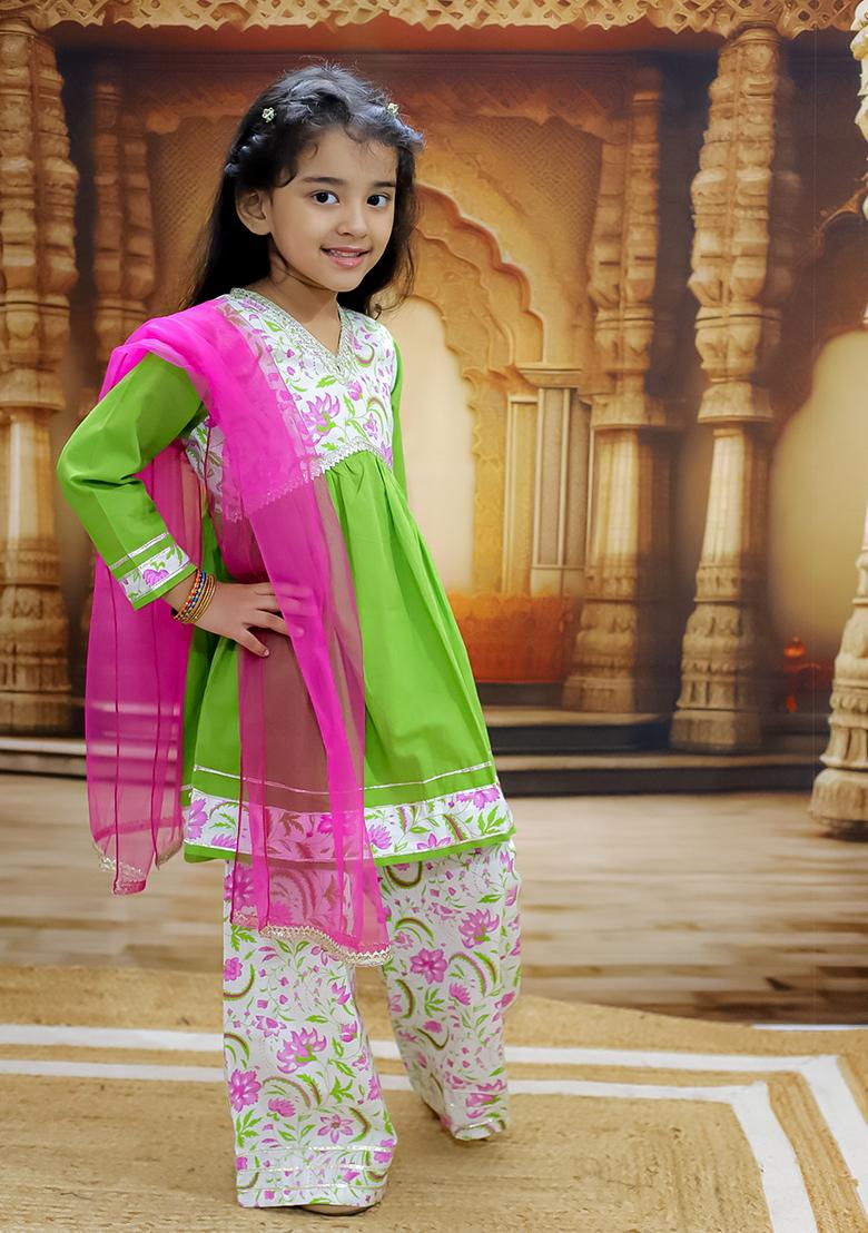 Green Printed Cotton Lehenga Set For Girl