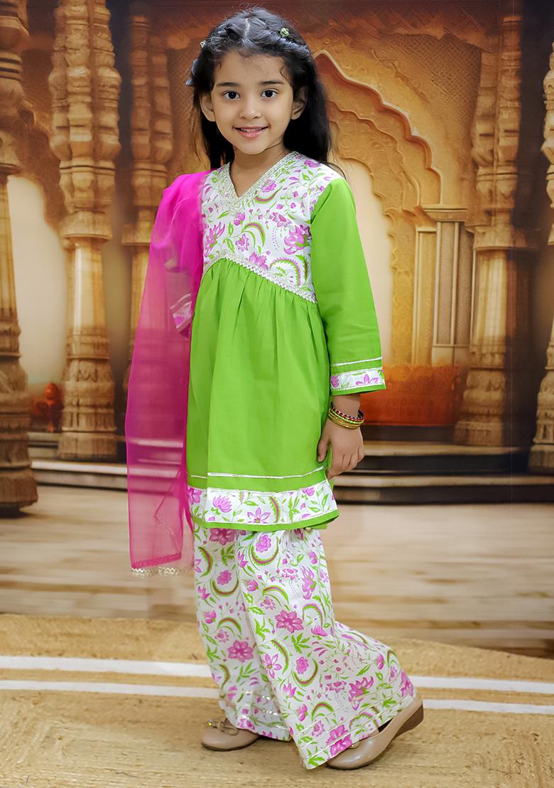 Green Printed Cotton Lehenga Set For Girl
