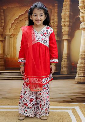 Red Printed Cotton Lehenga Set For Girl