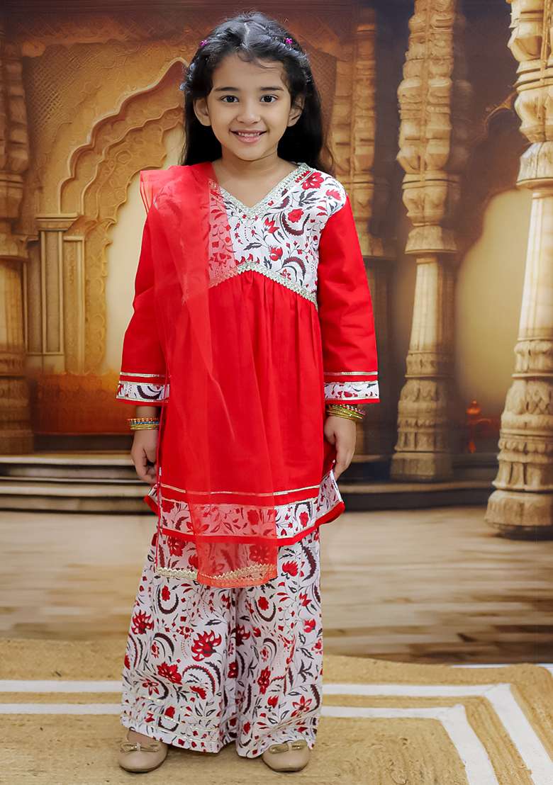 Red Printed Cotton Lehenga Set For Girl - Indya