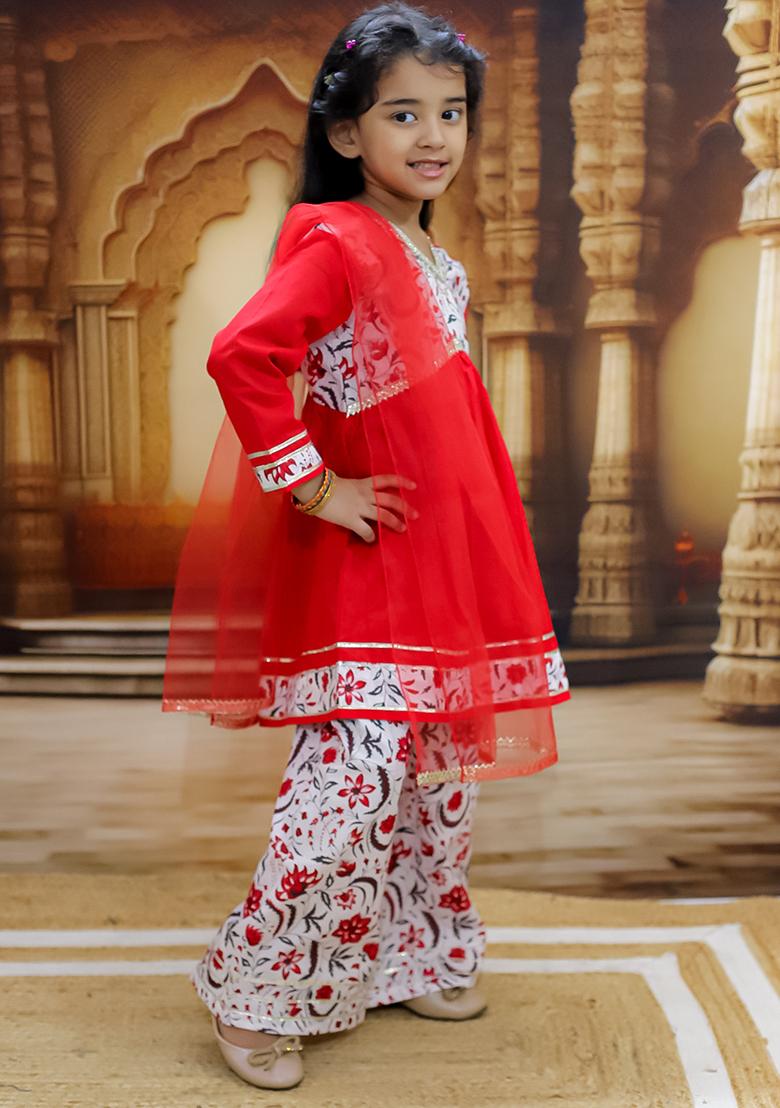 Red Printed Cotton Lehenga Set For Girl