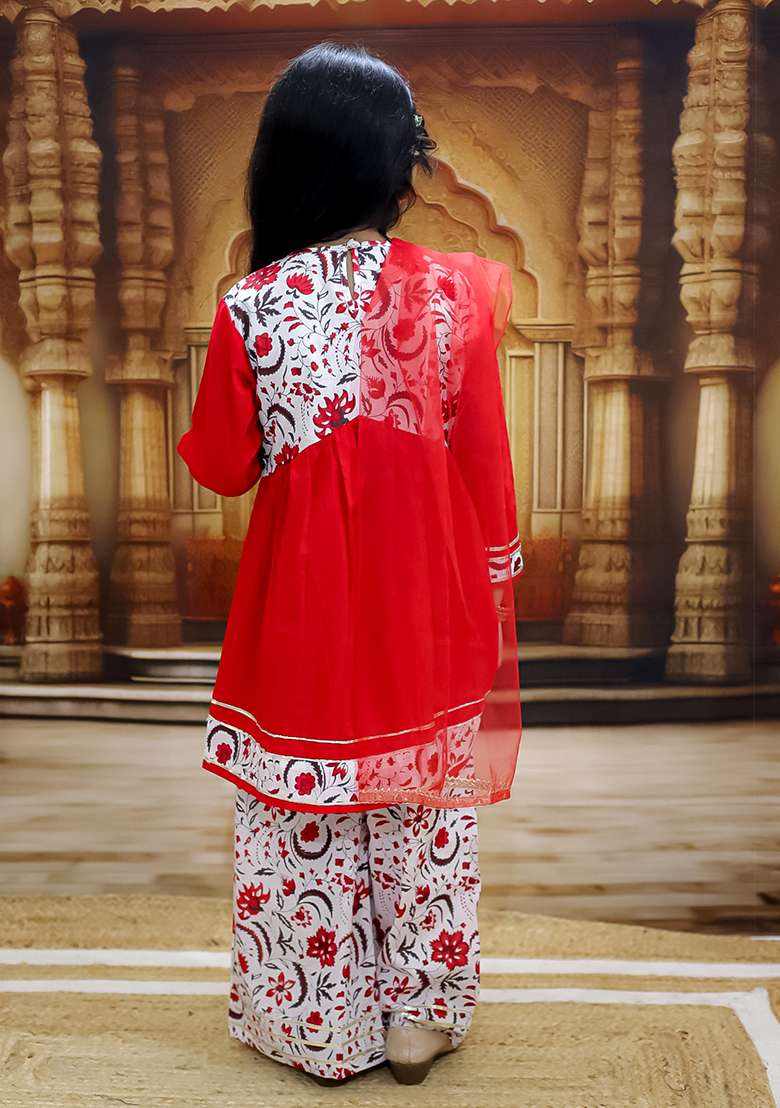 Red Printed Cotton Lehenga Set For Girl - Indya