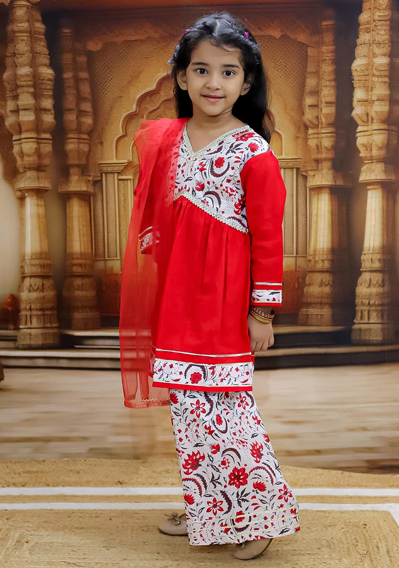 Red Printed Cotton Lehenga Set For Girl