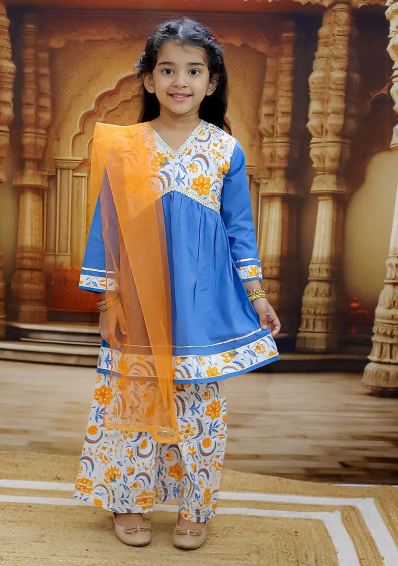 Blue Printed Cotton Lehenga Set For Girl - Indya
