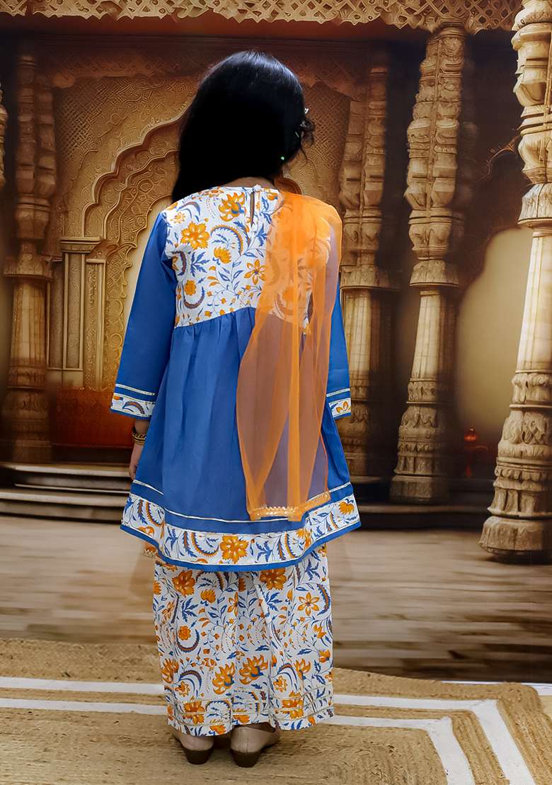 Blue Printed Cotton Lehenga Set For Girl - Indya