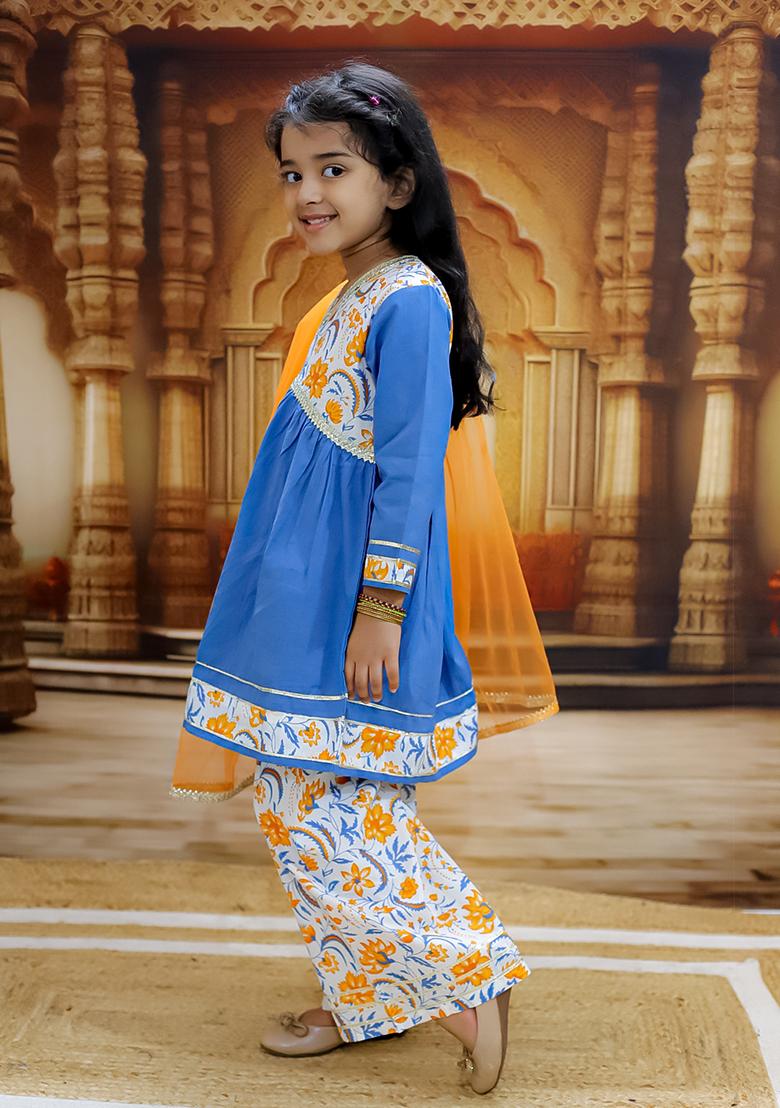 Blue Printed Cotton Lehenga Set For Girl