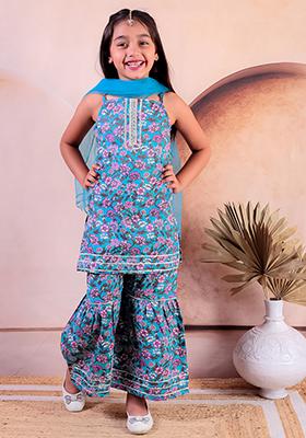 Blue Printed Cotton Lehenga Set For Girl