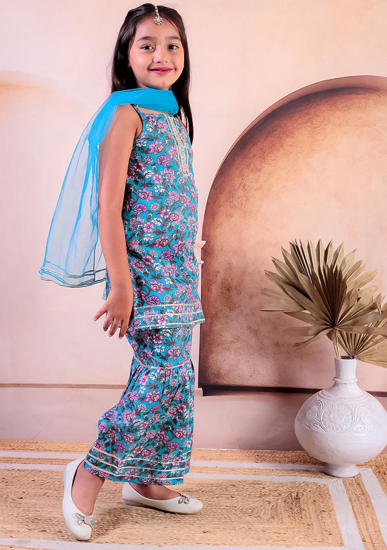 Blue Printed Cotton Lehenga Set For Girl
