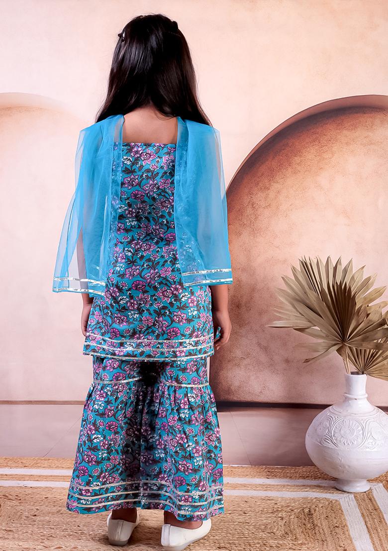 Blue Printed Cotton Lehenga Set For Girl