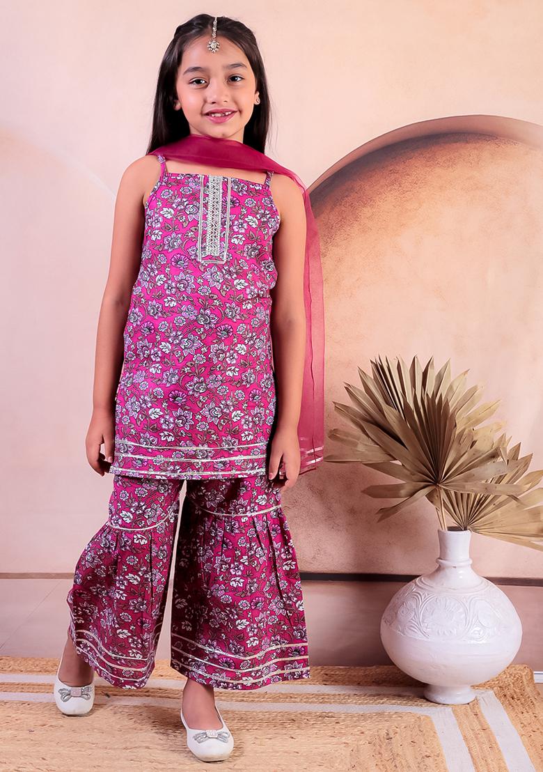 Pink Printed Cotton Lehenga Set For Girl