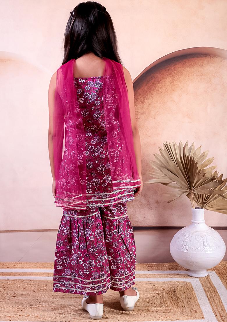 Pink Printed Cotton Lehenga Set For Girl