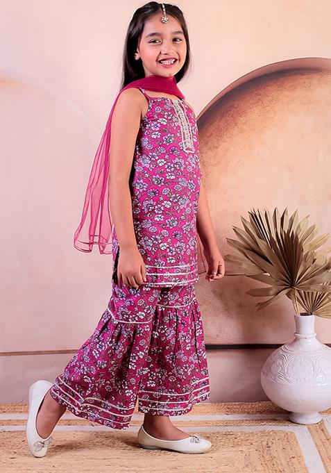 Pink Printed Cotton Lehenga Set For Girl