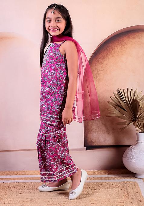 Pink Printed Cotton Lehenga Set For Girl
