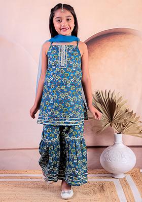 Turquoise Blue Printed Cotton Lehenga Set For Girl