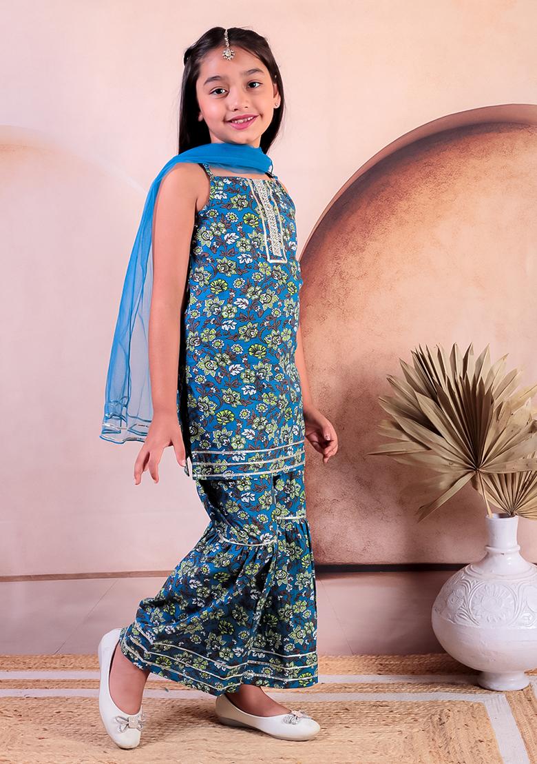 Turquoise Blue Printed Cotton Lehenga Set For Girl