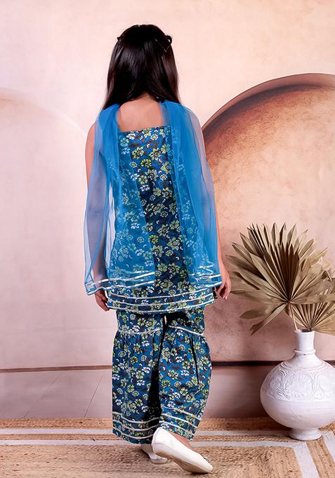 Turquoise Blue Printed Cotton Lehenga Set For Girl