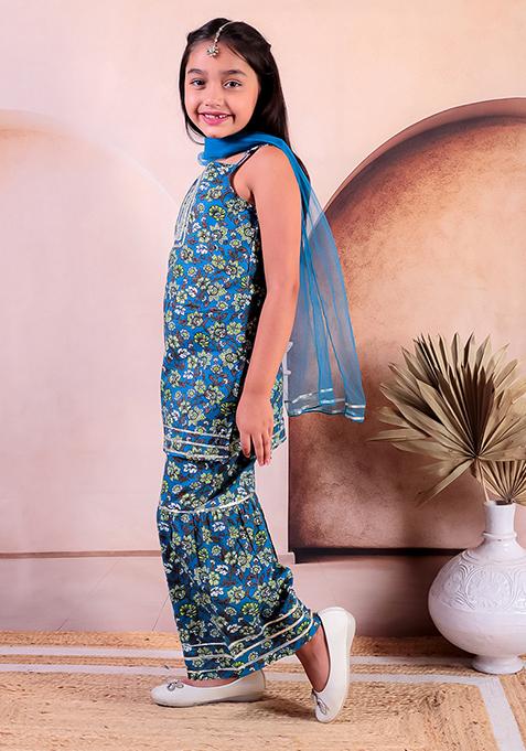 Turquoise Blue Printed Cotton Lehenga Set For Girl