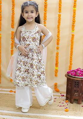 Brown Floral Print Cotton Lehenga Set For Girl