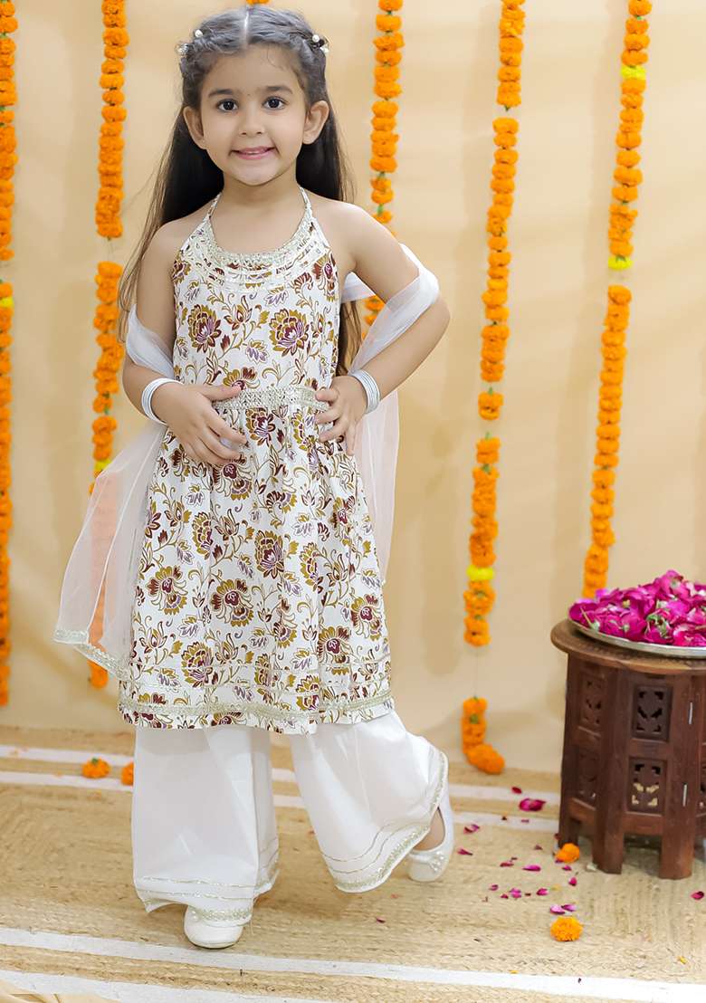 Brown Floral Print Cotton Lehenga Set For Girl - Indya