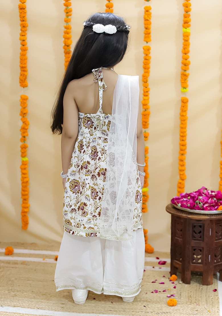 Brown Floral Print Cotton Lehenga Set For Girl - Indya