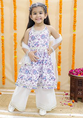 Purple Floral Print Cotton Lehenga Set For Girl