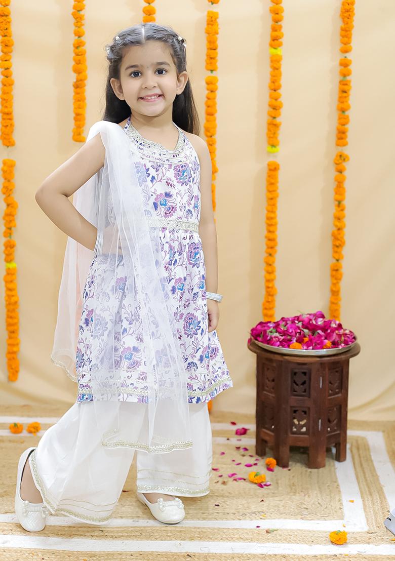 Purple Floral Print Cotton Lehenga Set For Girl