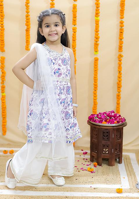 Purple Floral Print Cotton Lehenga Set For Girl