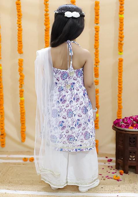 Purple Floral Print Cotton Lehenga Set For Girl