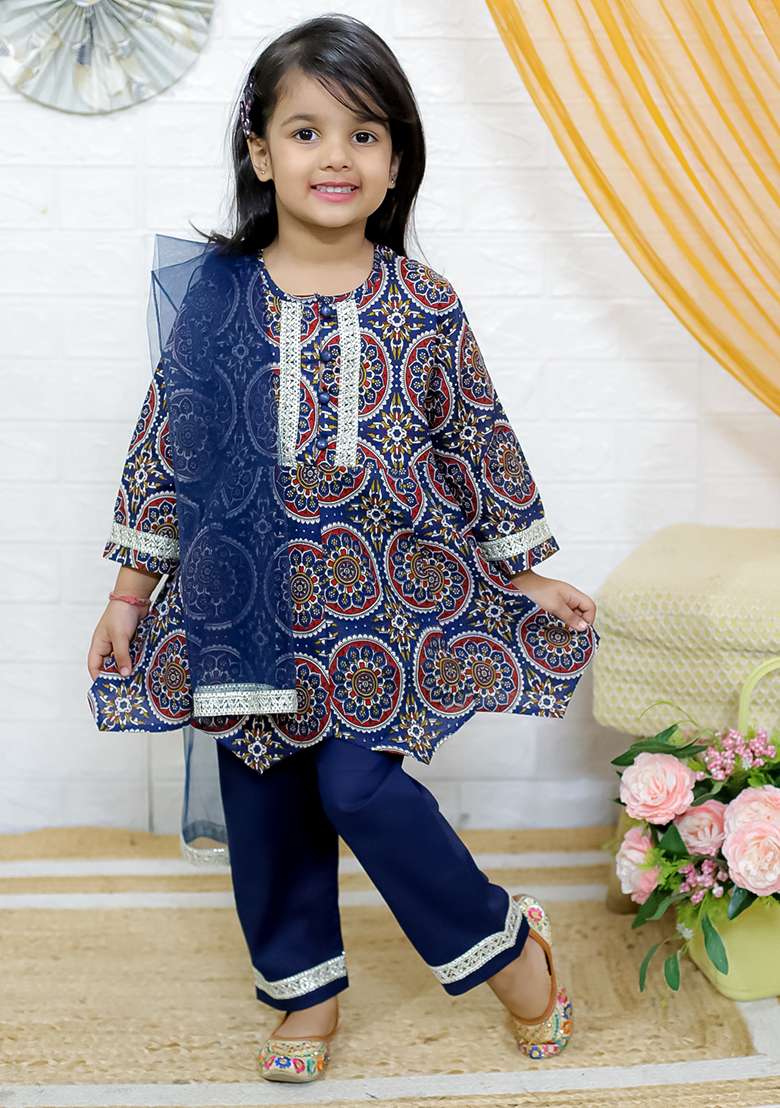 Blue Floral Print Cotton Lehenga Set For Girl - Indya