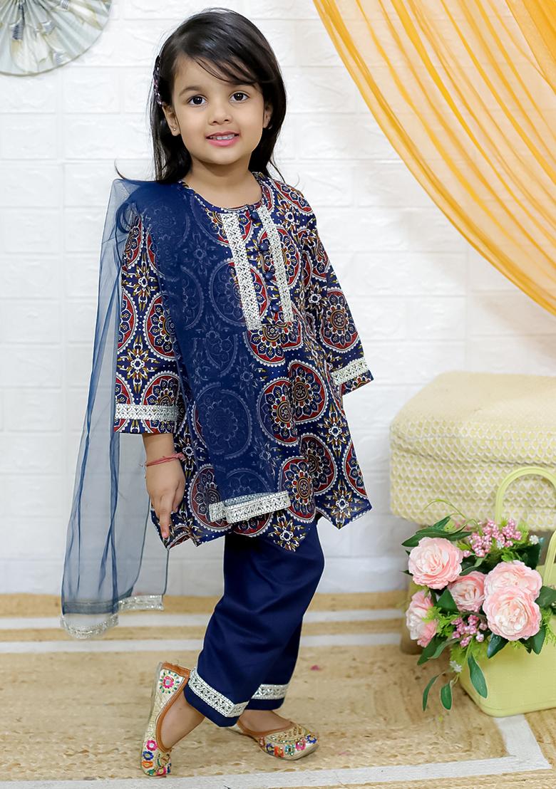 Blue Floral Print Cotton Lehenga Set For Girl