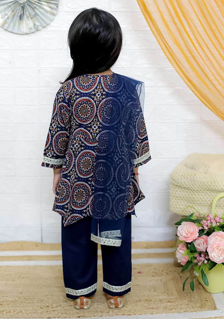 Blue Floral Print Cotton Lehenga Set For Girl - Indya