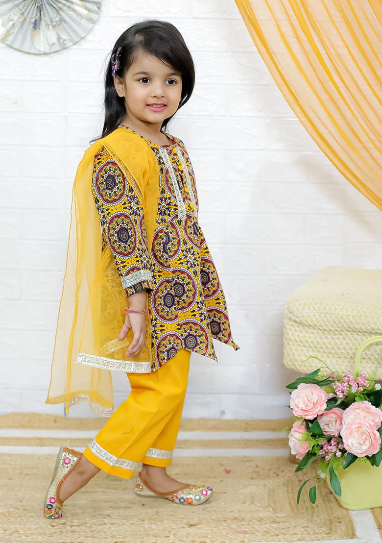Yellow Paisley Print Cotton Lehenga Set For Girl