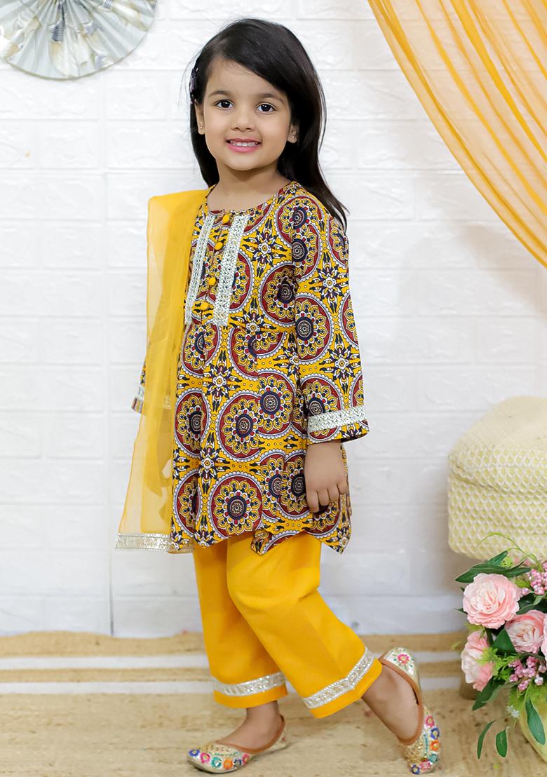 Yellow Paisley Print Cotton Lehenga Set For Girl