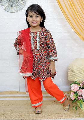 Orange Paisley Print Cotton Lehenga Set For Girl