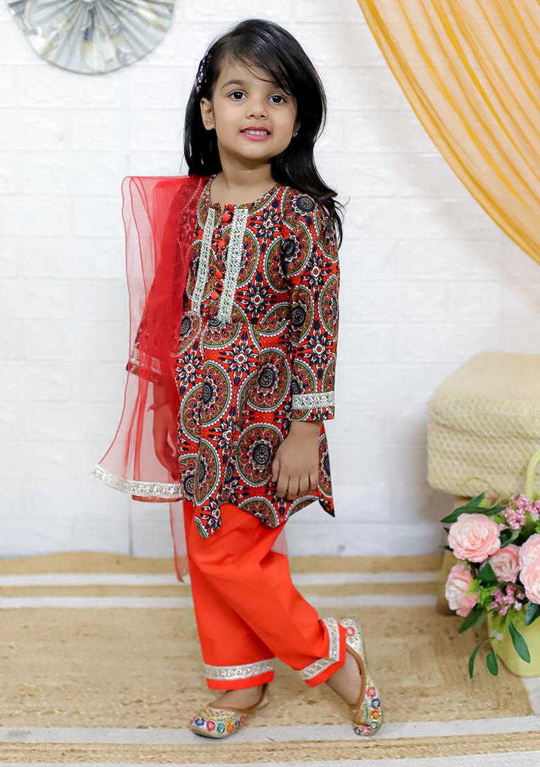 Orange Paisley Print Cotton Lehenga Set For Girl